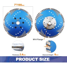 Diamond Cutting Disc 180 mm - BRSCHNITT M14 Turbo Saw Blade with Protective Teeth for Cutting Grinding Granite Marble Concrete Tiles