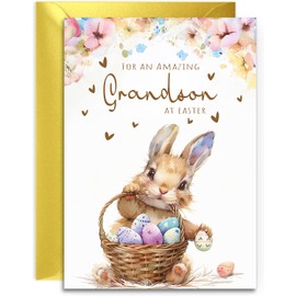Grandson Easter Card - Bunny with Easter Eggs Design - A5 Size with Gold Envelope