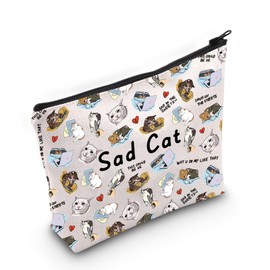 JXGZSO Funny Cat Lover Gift Sad Cat Meme Makeup Bag Hilarious Cat Gift Crying Cat Cosmetic Pouch Bag Cat Mom Inspired Gift, Sad Cat