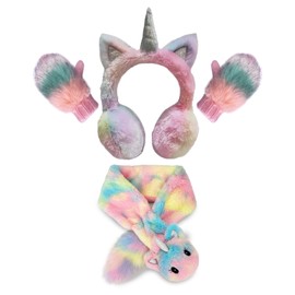 Girls Earmuffs Mittens and Scarf Set Kids Unicorn Ear Muffs and Knitted Gloves Neck Warmer Set in Colorful Plush Design, 3P-Color Unicorn, 3-6Y