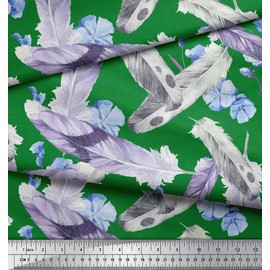 Soimoi Green Velvet Fabric Floral & Artistic Feather Decor Fabric Printed BTY 58 Inch Wide