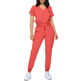 Monarch Uniforms Slim Fit Stretchy Scrubs Women's Jogger Scrub Set Slim Jogger Scrubs with Tuck-In Top for Women (CORAL-2X)