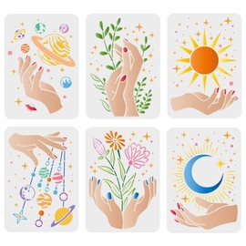 FINGERINSPIRE 6 Pcs Hand Pattern Stencils 11.7x8.3 inch Sun Moon Star Stencils Plastic Plants Flowers Stencil Reusable Cosmic Planet Pattern Stencils for Painting on Wood, Floor, Wall and Tile