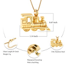Stainless Steel Mini Train Cremation Jewelry For Ashes Memorial Urn Necklace Keepsake Urn Pendant For Loved Ones(Gold)