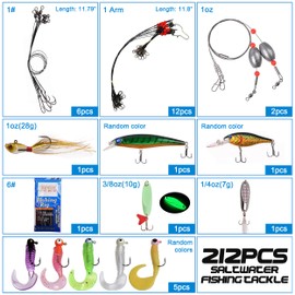 OROOTL Saltwater Fishing Tackle Kit -212pcs Ocean Fishing Tackle Box Include Fishing Rigs Hooks Minnow Lures Jig Spoons Swivels Snaps Weights Wire Leaders Floats Beads Surf Fishing Gear Accessories