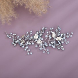 Teyglen Crystal Bride Wedding Hair Vine Headband Silver Leaf Blue Rhinestone Headpiece Wedding Hair Accessories Bridal Blue Crystal Pearl Headband Hair Piece for Women Girls (Mint Blue)