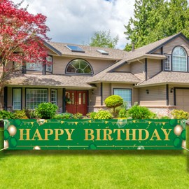 9.8x1.6FT Green Gold Happy Birthday Yard Banner,Green Birthday Backdrop Porch Sign, Large Green Birthday Yard Sign Banner,Birthday Party Supplies Photo Background for Children Men Women.