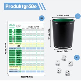 YEWCEP Dice Game Set, Trickle Game with Dice Cup and Kniffel Block, Ideal for Family Evenings and Parties, Black PU Leather Dice Cup 7.5 x 6 x 9 cm