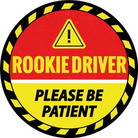 Super Vibrant, 6inch Rookie Driver Sticker for Student Drivers. Bold and Bright, Round Durable Decal Keeps New Drivers Safer. Large, Red and Yellow Please Be Patient Caution Cling Great for Car Window