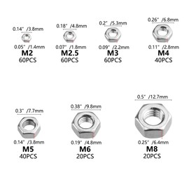 BGTXINGI 300pcs M2 M2.5 M3 M4 M5 M6 M8 304 Stainless Steel Hex Nuts Assortment Kit with Box