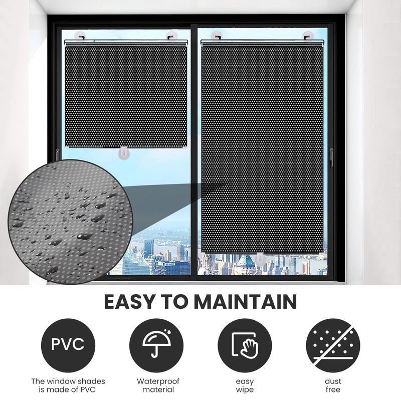 No Drilling Retractable Roller Window Shades W/3 Suction Cups, Black