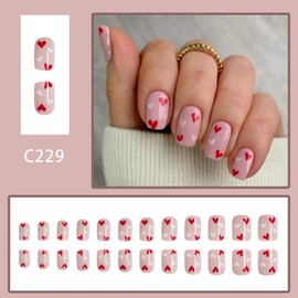 Press on Nails Square Pink Valentine's Day Press on Nails Short with Red White Heart Designs Glossy Full Cover False Nails Artificial Glue on Fingernails Coffin Fake Nails Stick on Nails for Women