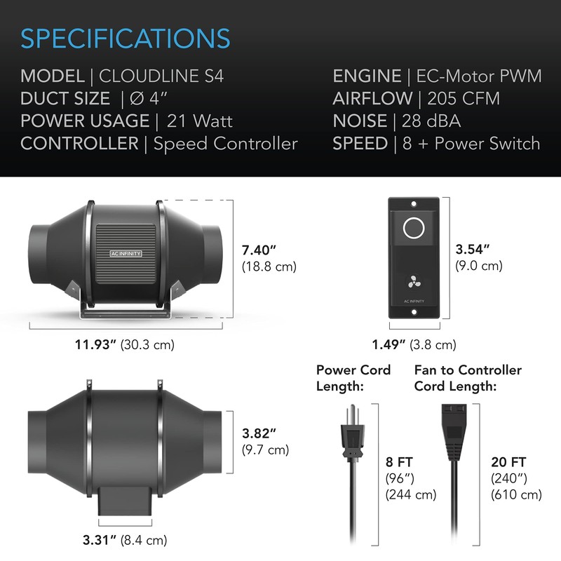 AC Infinity CLOUDLINE S4, Quiet 4” Inline Duct Fan with