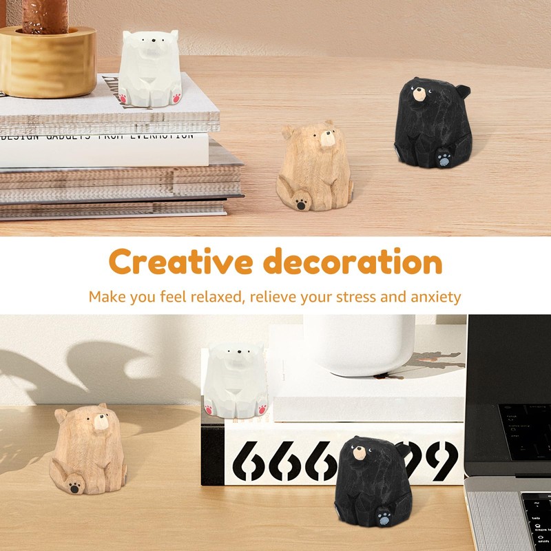 3Pcs Mini Wooden Bear Statues Home Decor, Funny Miniature Bear