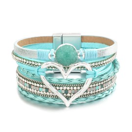 hotoo Leather Wrap Bracelet for Women Teal Beaded Cuff Bracelet with Heart-shape Decor Bohemian Crystal Bracelet Jewelry with Clasp Bangle Bracelet for Women Birthday Holiday Gift