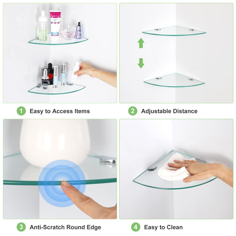 Glass Corner Shower Shelves, Tempered Floating Glass Shelves Wall Mount,