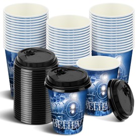 Gandeer 100 Pack Christmas Disposable Coffee Cups with Lids 9 oz Bulk Hot Cocoa Chocolate Christmas Polar Train Cups Supplies Party Decorations Movies Favors