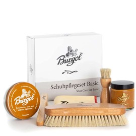 Burgol Basic Shoe Care Set with Shoe Pomade, Shoe Wax, Horsehair Brushes and Polishing Cloth: Colour: Light Brown