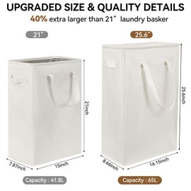 Chrislley 25-Inches Slim Laundry Hamper 60L Narrow Laundry Basket with Handle Foldable Dirty Clothes Portable Skinny Hamper Organizer Storage Bins (Beige)