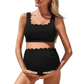 Summer Mae Scalloped Maternity Swimsuits for Women High Waist Bathing Suit Pregnancy Two-Piece Bikini Tie Knot Swimwear Black 14