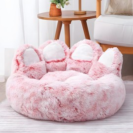 Pet Round Bed of Paw Shape for Medium and Small Dogs - Removable and Washable Donut Dog Bed, Synthetic Fur Comfortable and Soft Calming Dog Bed up to 17lbs, Medium Size (23.6"×23.6"×8"), Pink