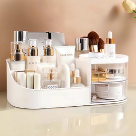 JIOUHM Makeup Storage Organizer with Drawer, Countertop Cosmetic Organizer for Vanity, Multi-purpose Cosmetic Storage Case Organizer for Dressing Table, Bedroom and Bathroom Countertop