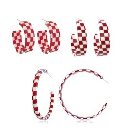 coadipress 3 Pairs Checkerboard Hoop Earrings for Women Minimalist C Shaped Checkered Earrings Chunky Simple Colorful Checker Black White Grid Earrrings Lightweight 70s 80s 90s Party Jewelry (Red)