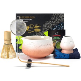 TEANAGOO Japanese Matcha Whisk (7pcs) Matcha Set Mtacha Kit Matcha Bowl with Pouring Spout Bamboo Matcha Whisk (chasen) Scoop (chashaku) Matcha Whisk Holder.N35,Gradient Pink White