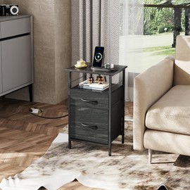 WLIVE Night Stand Set 2, Black Nightstand with Charging Station, Bedside Tables for Bedroom, Side Table with Fabric Drawers, USB Ports and Outlets