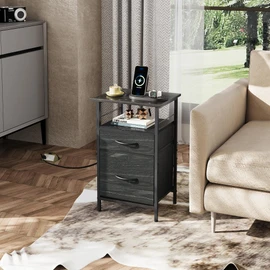 WLIVE Night Stand Set 2, Black Nightstand with Charging Station, Bedside Tables for Bedroom, Side Table with Fabric Drawers, USB Ports and Outlets