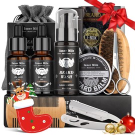 Isner Mile Beard Grooming Kit for Men Care: Trimming Sets with Beard Wash - Oil - Balm - Brush - Comb & Straight Razor, Birthday Christmas Gifts Mens Stocking Stuffers for Him Boyfriend Dad Husband