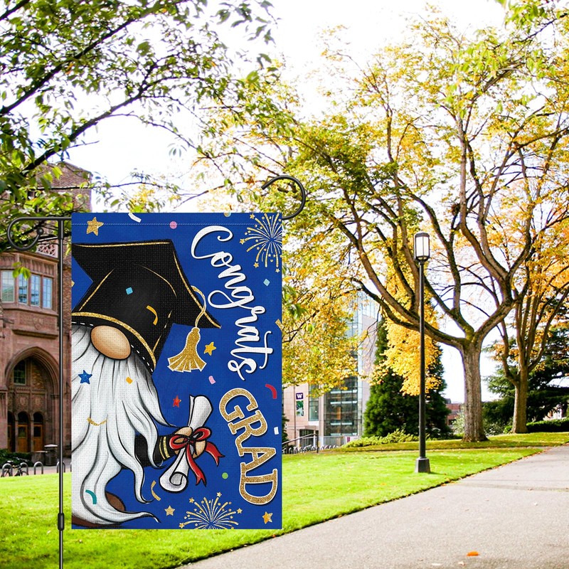 Heyfibro Congrats Grad Gnome Garden Flag 12x18 Inch Double Sided