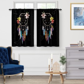 Jekeno Wind Chimes Black Kitchen Curtains: Fantasy Short Curtains for Kitchen Window Dreamcatcher Rod Pocket Romantic Dream Catcher Window Drapes 36 Inch Length 2 Panels Set