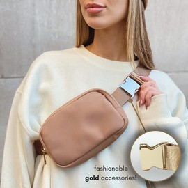 Boutique Belt Bag | Crossbody Bag Fanny Pack for Women Fashionable | Cute Mini Everywhere Bum Hip Waist Pack | Small Fashion Travel Chest Bag | Gold Accessories | Adjustable Small Strap | Chestnut