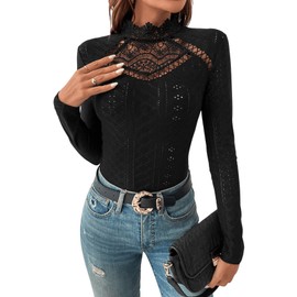 GORGLITTER Women's Bodysuit Elegant Bodies Stand-Up Collar Eyelet Embroidery Bodysuits Long Sleeve Bodysuit with Lace Insert, black