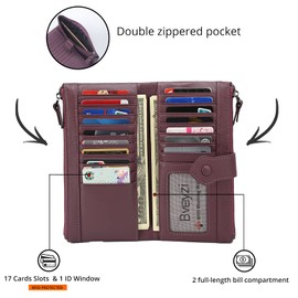 Bveyzi Women Soft Leather RFID Blocking Bifold Slim Wallets Ladies Credit Card Holder Double Zipper Pocket(Deep Plum)