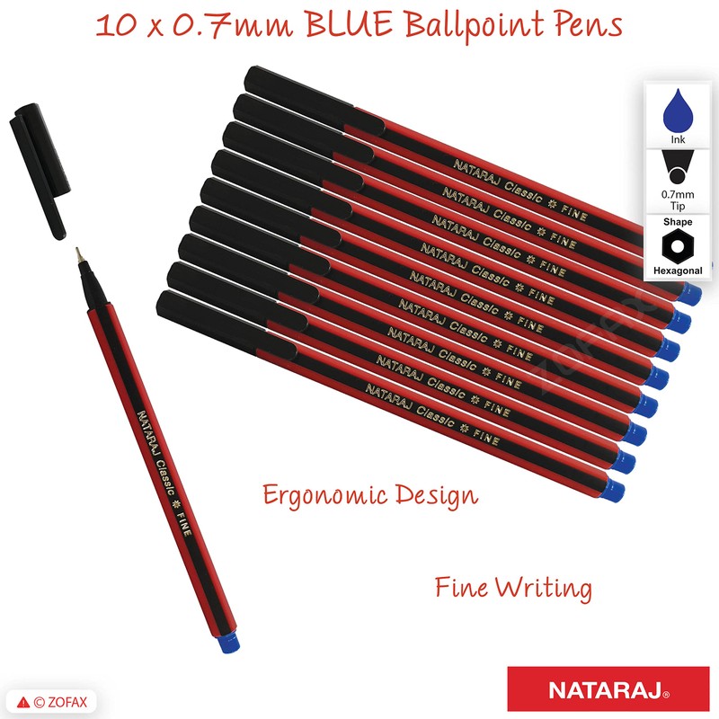 NATARAJ Classic Fine Point BLUE Ballpoint Pens (10 x 0.7mm