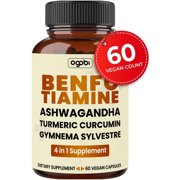 agobi Benfotiamine Supplement 5520Mg - Support for Digestion, Energy Production & Immune System - 4in1 withTurmeric Curcumin Root, Ashwagandha Root & Organic Gymnema Sylvestre - 60 Capsules