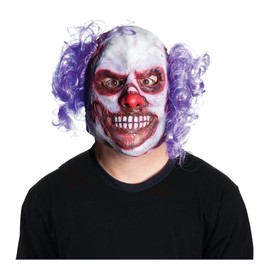Evil Clown Scary Mask with Purple Curly Hair on Sides Overhead Latex mask - Busted Evil The Clown!