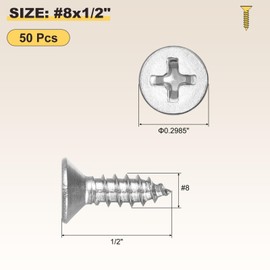 METALLIXITY Countersunk Phillips Wood Screw (#8x1/2) 50Pcs, 304 Stainless Steel Coarse Thread Phillips Drive Flat Head Wood Screws - for Furniture Installation Repair, Silver