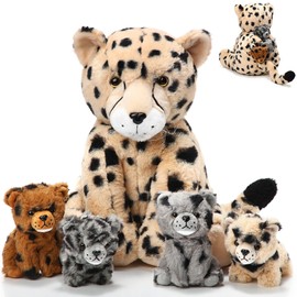 Zomiboo Pack of 5 Cheetah Cuddly Toy Set Large Mum Cheetah Plush with 4 Cuddly Soft Cheetah Babies in the Belly for Boys Girls Birthday Graduation Gifts Party Decorations