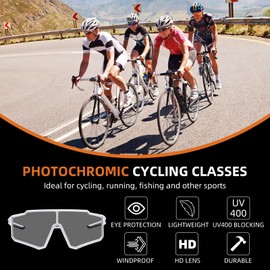 ROCKBROS Photochromic Cycling Glasses UV400 Sports Sunglasses for Men Women Clear Biking Glasses for MTB Riding Running Baseball Fishing Golf