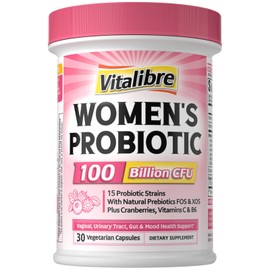 Vitalibre Probiotics for Women 100 Billion CFU 15 Strains, Daily Probiotic & Prebiotic Supplement with Organic Cranberry to Support Vaginal, Digestive, Immune Health, Shelf Stable, 30 Vegan Capsules