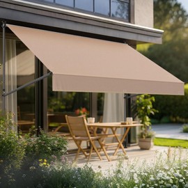 Grandekor Manual Retractable Awning,138" W x 118" H,No Drilling Outdoor Sun Shade Patio Awning,Adjustable Patio Door Window with UV 50+ Protection for Backyard,Garden,Balcony,Max Height 118",Khaki