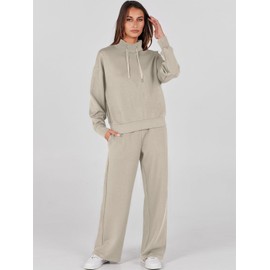 ANRABESS Womens 2 Piece Outfits Sweatsuit Set 2024 Fall Drawstring Sweatshirt Wide Leg Sweatpant Lounge Set Tracksuit Light Khaki X-Large