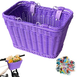 Adorable Kids Bike Basket – Square Wicker Girls Bike Basket with Adjustable Leather Straps for Bicycles & Scooters (Purple)