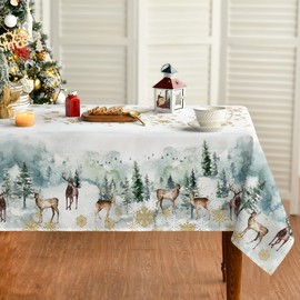 Horaldaily Christmas Tablecloth 60×140 Inch, Golden Snow Deers Washable Table Cover for Party Picnic Dinner Decor