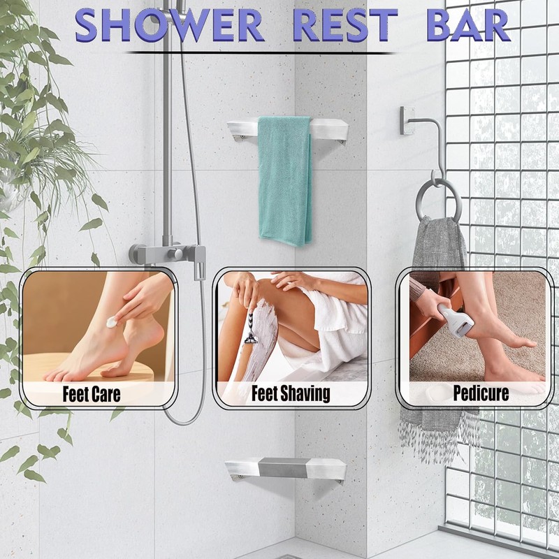 LIWEIKE Brushed Nickel Shower Foot Rest Bar Wall Mount Shower