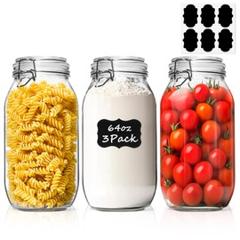 ComSaf Large Glass Jars with Lid 64 oz, Large Mason Jars Set of 3, Glass Canisters with Airtight Lids, Half Gallon Canning Jars with Seal Wire Clip Fastening for Kitchen, Pickle, Flour, Sugar, Cereal