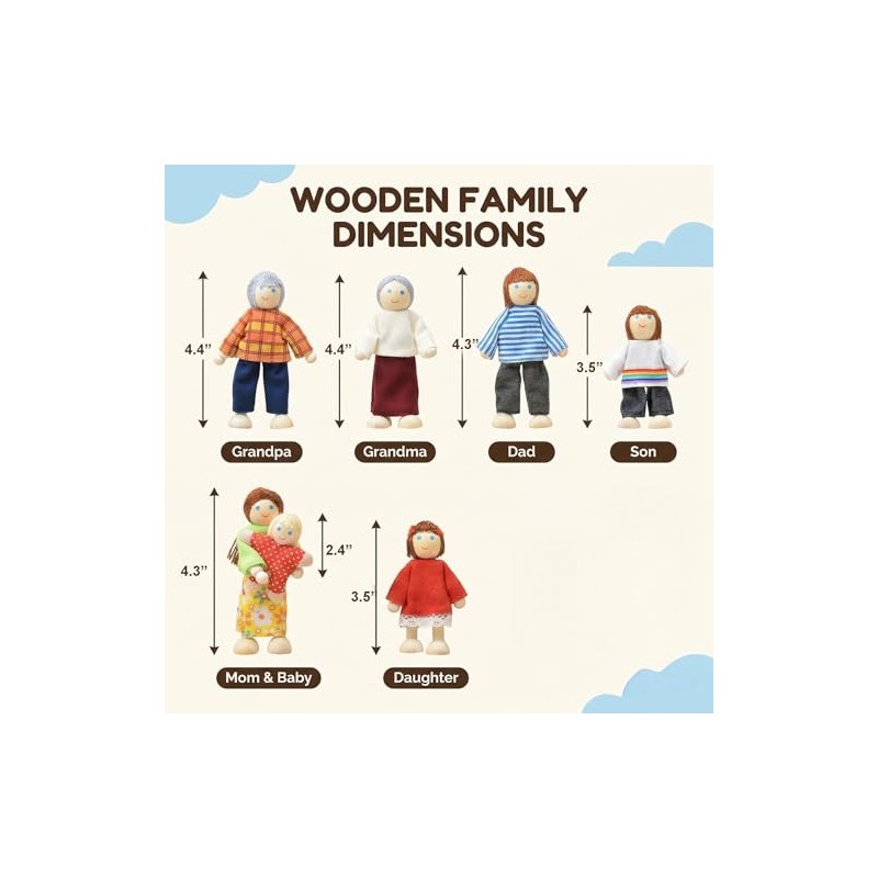 14 Pcs Wooden Dollhouse People Family Set with Movable Limbs,